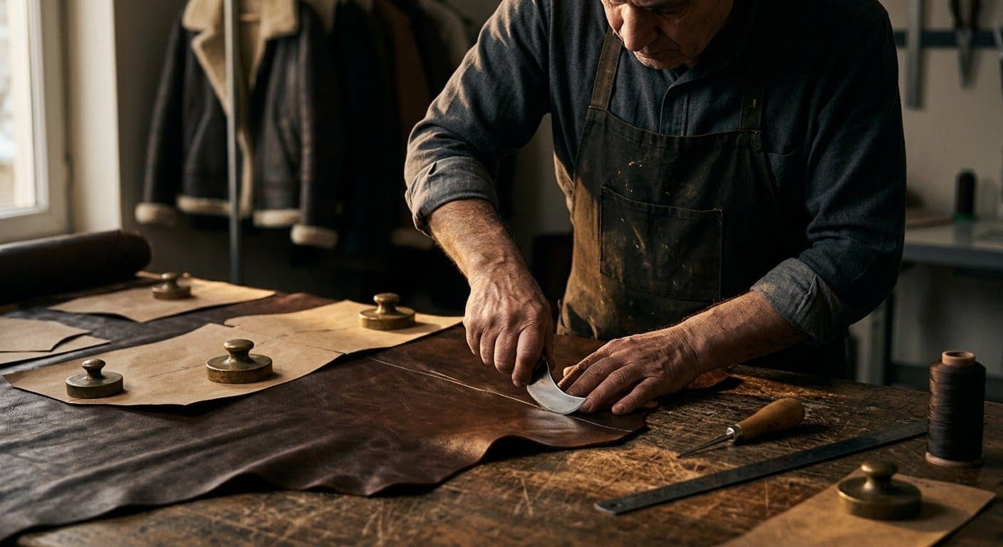 A leather cutter guiding a round knife along a chalk line on a dark brown hide, pattern pieces held down with brass weights