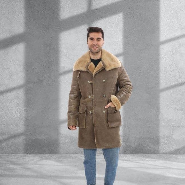 Beykoz crackle shearling coat, full-length look