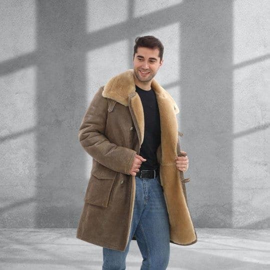 Beykoz crackle shearling coat, worn open