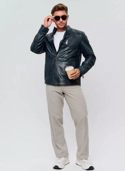 Bostancı leather moto jacket, full-length look