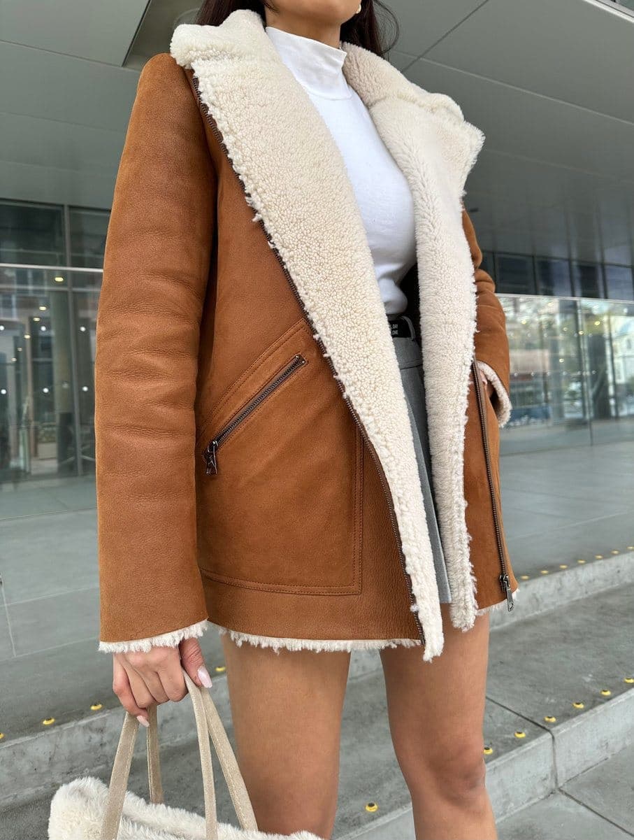 Caddebostan curly shearling jacket, worn open