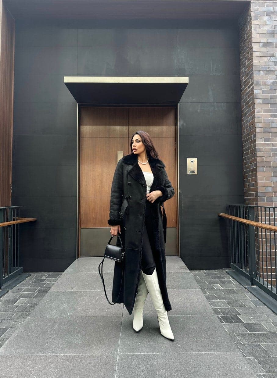 Etiler long shearling coat, full-length look
