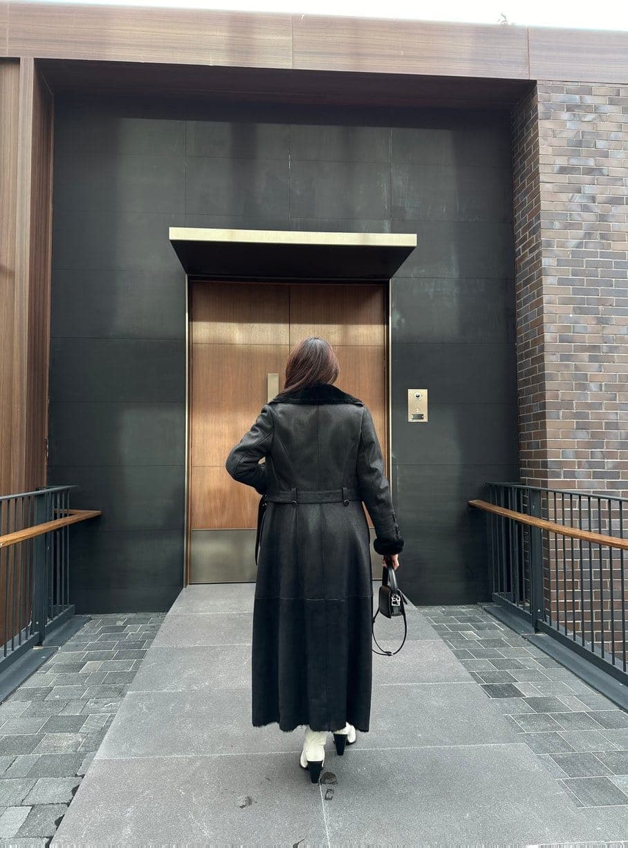 Etiler long shearling coat, back view