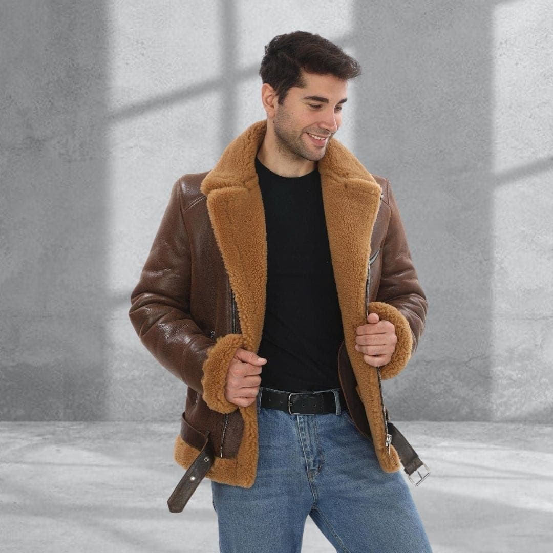 Kadıköy shearling aviator worn open, showing the wool lining