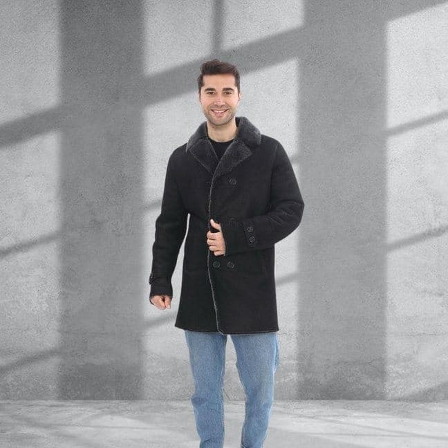 Sarıyer double-breasted shearling coat, full-length look