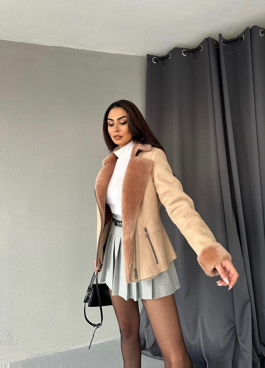 Suadiye shearling moto jacket, full-length look