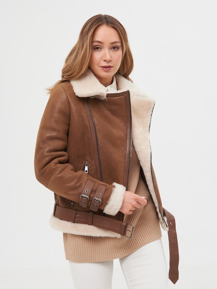 Yeniköy shearling biker, front view