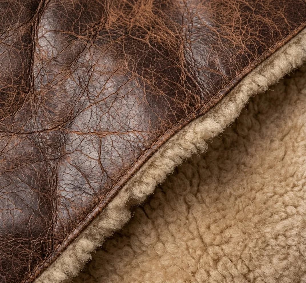 Macro close-up of aged vintage brown distressed leather with soft natural shearling wool lining