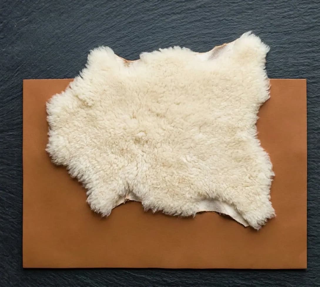 Macro top-down view of Spanish Merino shearling hide with dense cream wool and smooth tan leather base