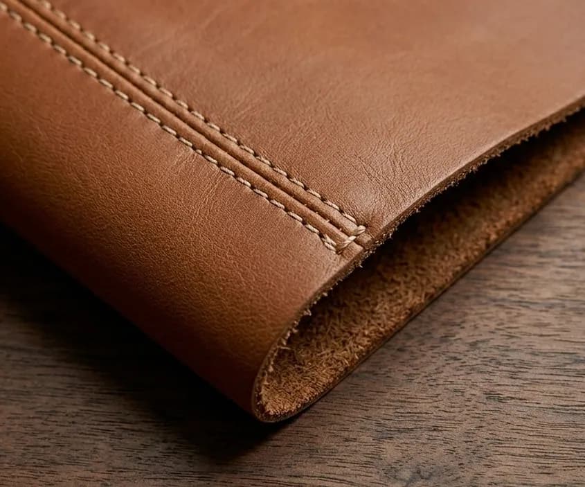 Macro shot of rich tan brown full-grain cowhide leather with stitched folded edge