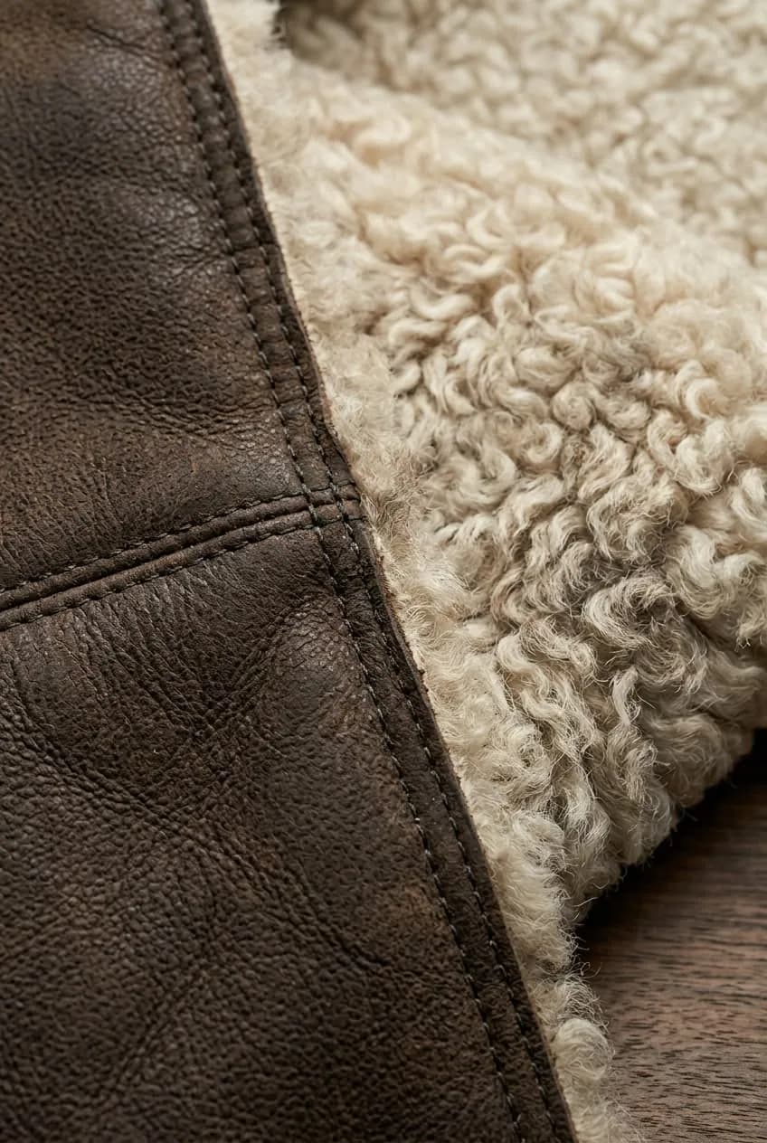 Macro close-up of brown Irish sheepskin jacket edge featuring stitched leather surface and curly cream shearling wool lining