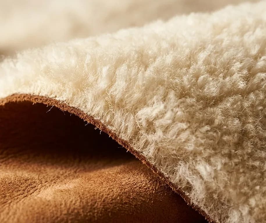 English sheepskin hide showing tan suede finish and plush cream wool interior