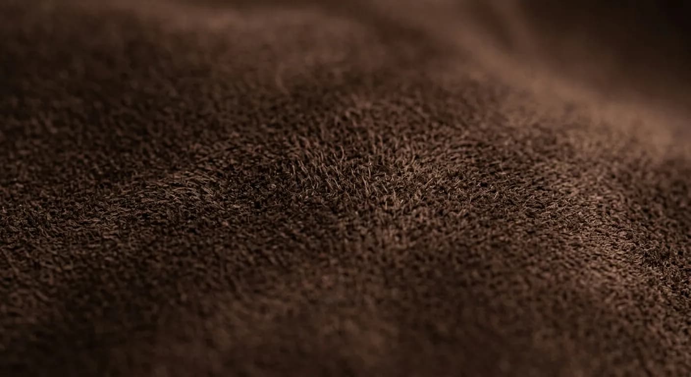 Macro close-up of rich chocolate brown brushed suede texture with velvety soft finish