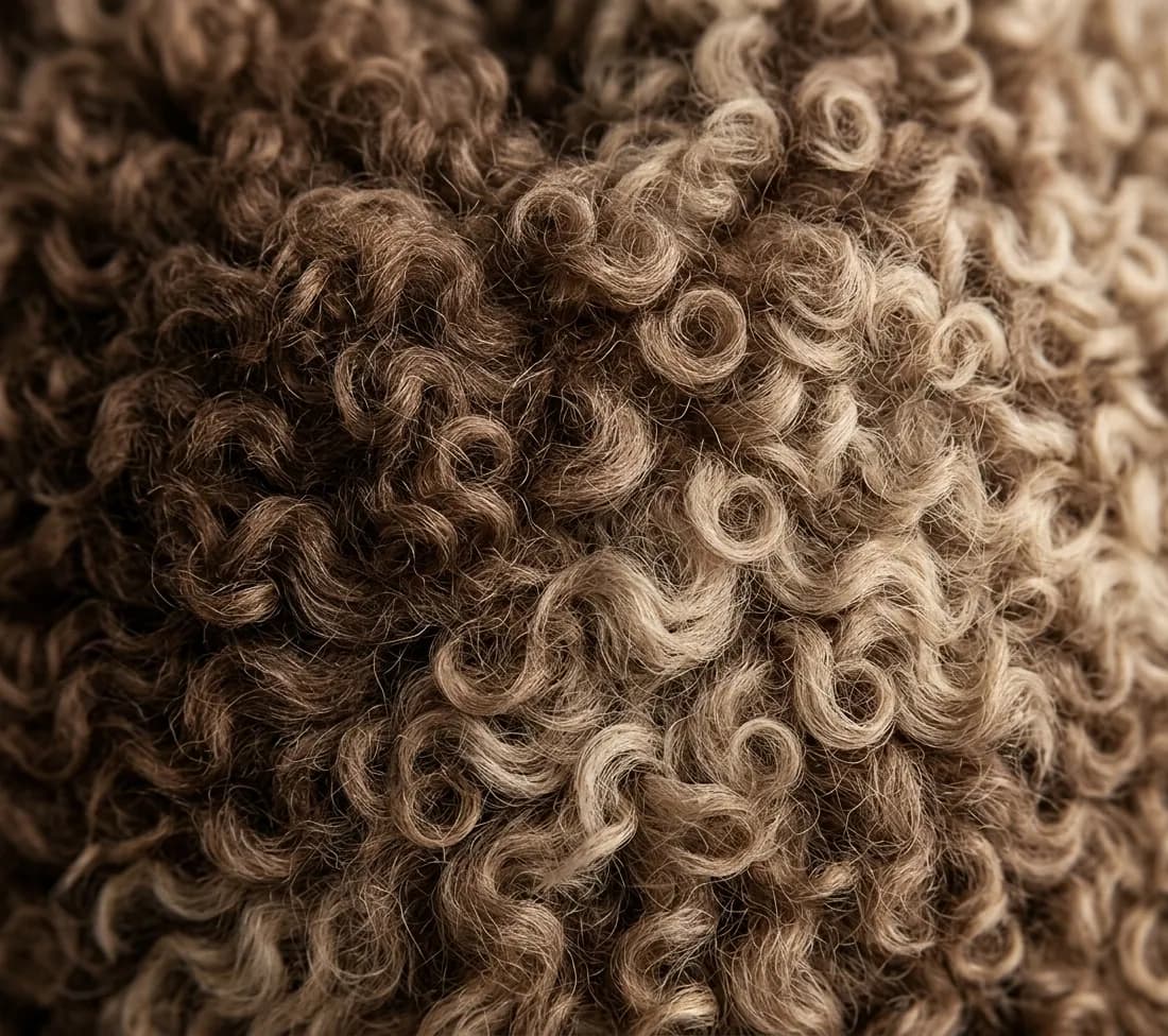 Macro close-up shot of rich curly Tigrado shearling wool texture in natural brown tones