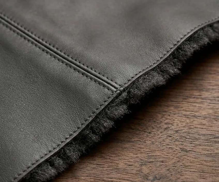 Macro close-up of buttery-soft black Nappa sheepskin leather with fine natural grain