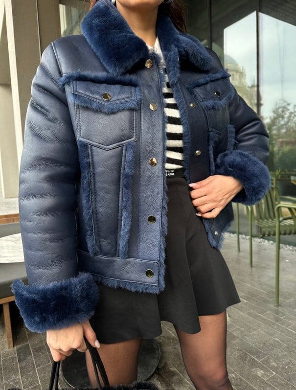 Balat shearling trucker jacket, front view