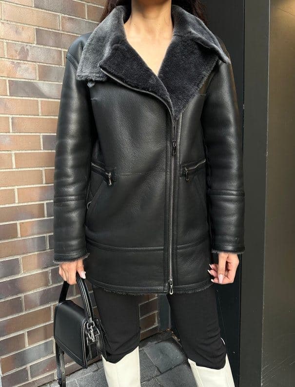 Levent mid-length shearling jacket, front view