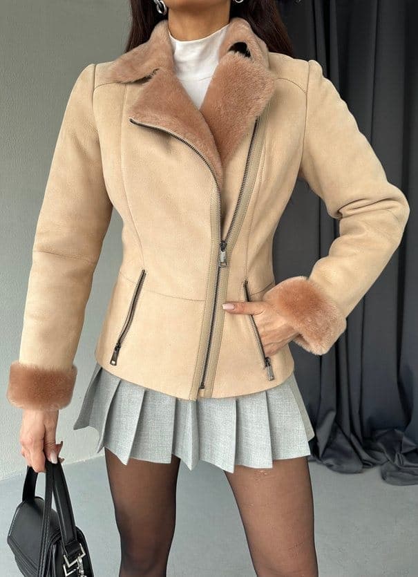 Suadiye shearling moto jacket, front view