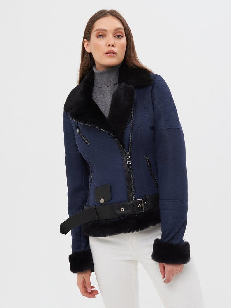 Tarabya cropped shearling biker, front view