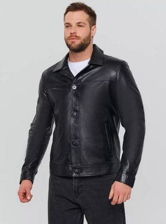 Tophane leather shirt jacket, front view