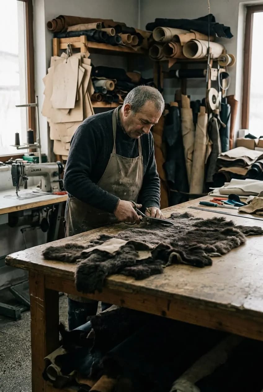 master artisan hand-cutting shearling leather in a traditional workshop in Istanbul
